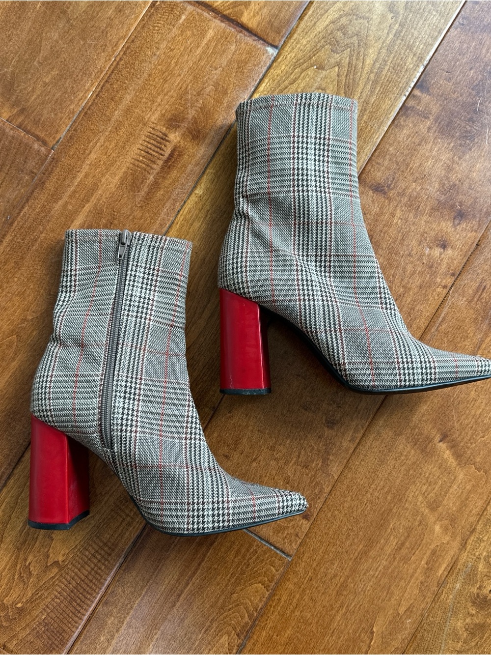 Jeffrey Campbell Plaid Pointed Ankle Boots with Red Block Heel